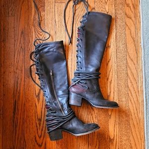 Freebird By Steven Coal Leather Lace Up Knee High Boots 7